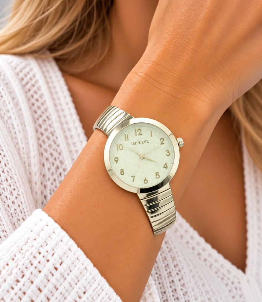 Stretch Band Watch - Silver/Glitter Face