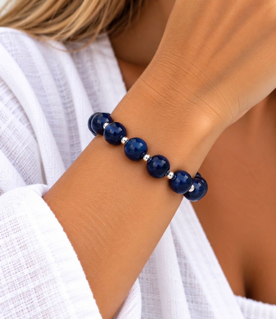 Stretch Bracelet - Rhodium/Navy Enamel