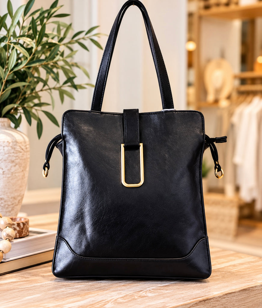 Square Flap Over Handbag - Black