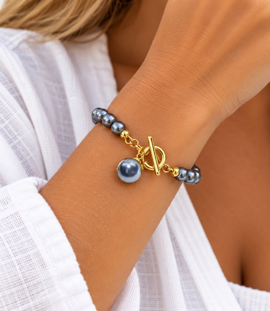 Stretch Bracelet - Gold/Grey Pearl