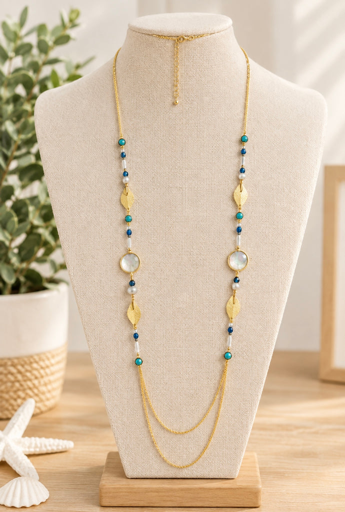 Glass Bead & Pearl Necklace - Gold/Blue Tone