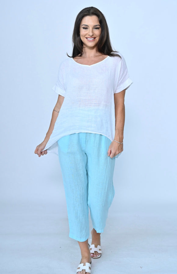 Basic Tapered Linen Pant - Aqua