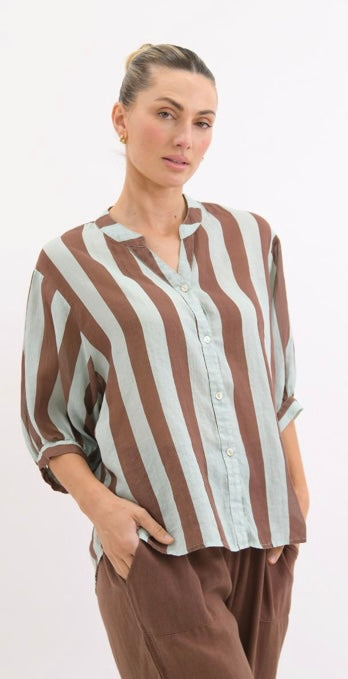 Dorothy Wide Stripe Linen Shirt - Chocolate & Blue