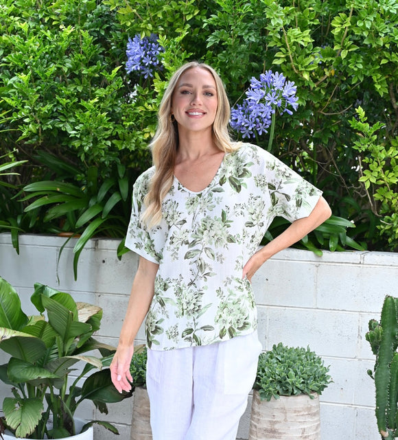 V Neck Floral Linen Top - Green