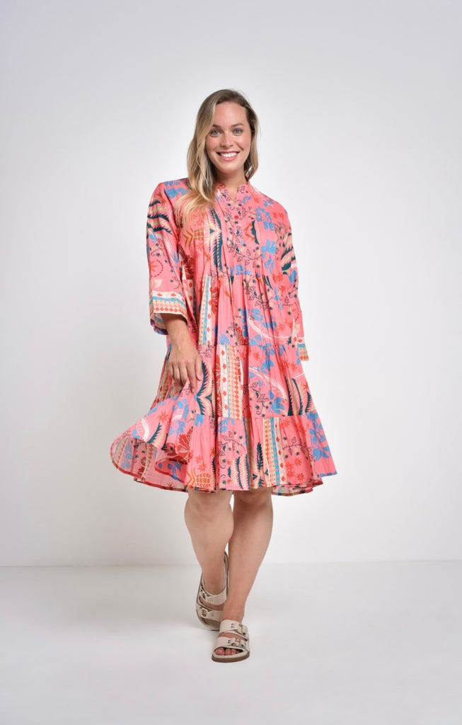 Sleeved Tiered Dress By Saint Lori - Pink