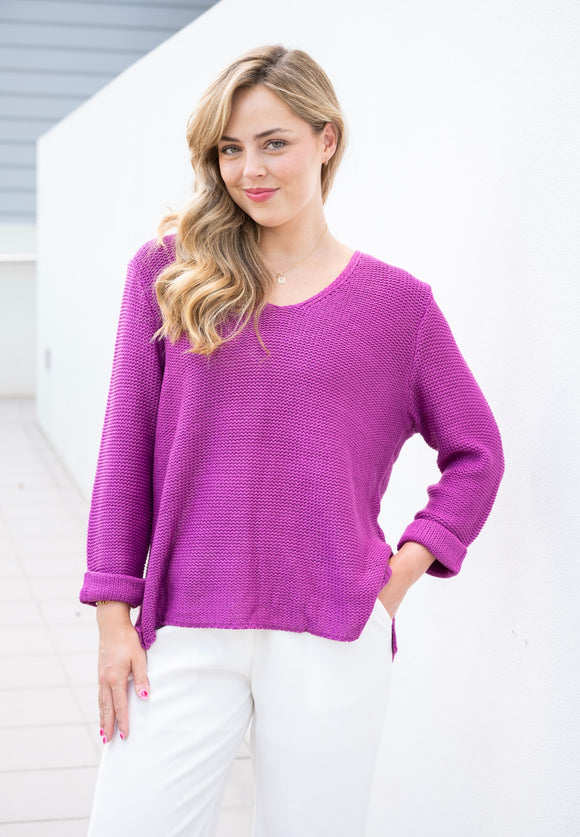 Cotton V Neck Knit - Magenta