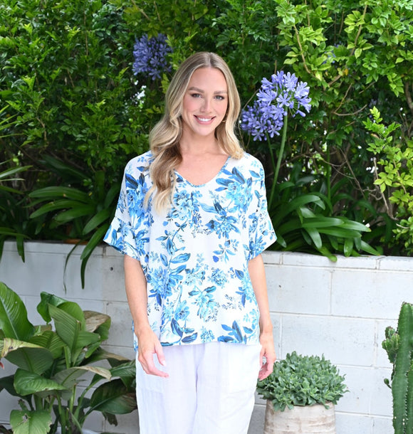 V Neck Floral Linen Top - Cobalt