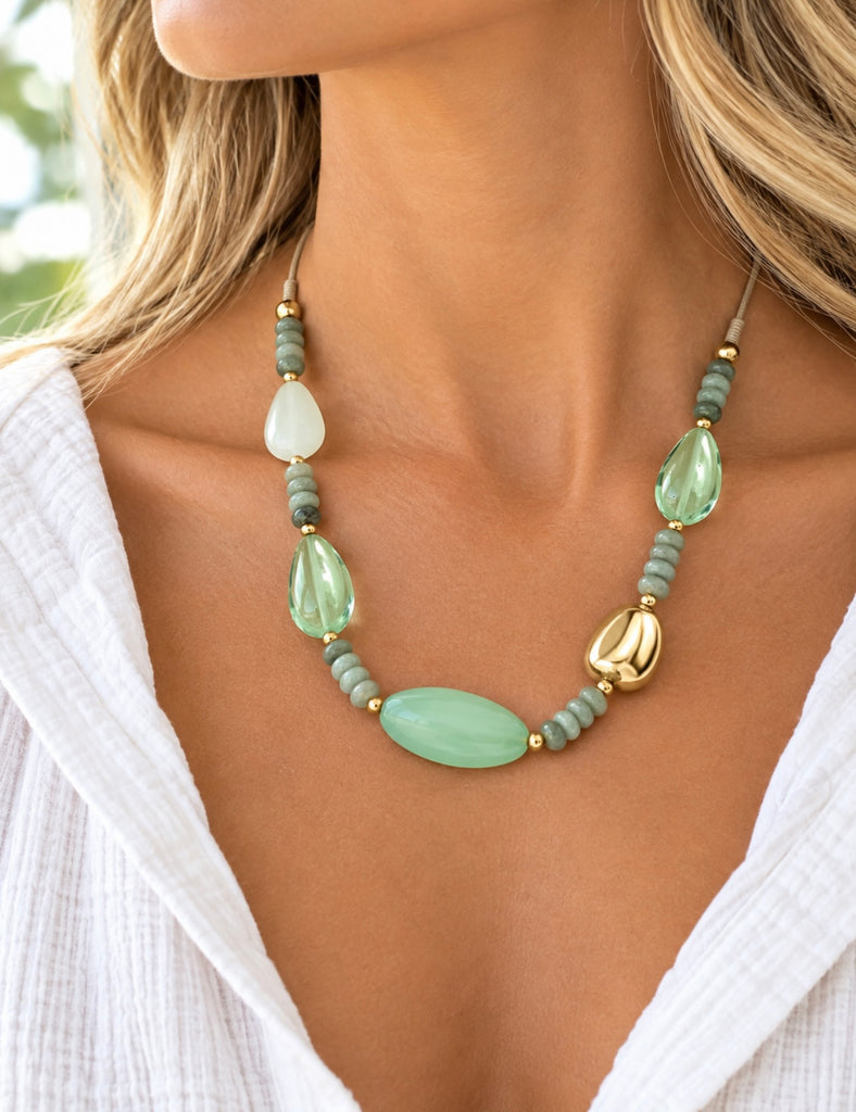 Resin Beads Hand Knotted Wax Cord Necklace - Green Tonal/Matt Silver