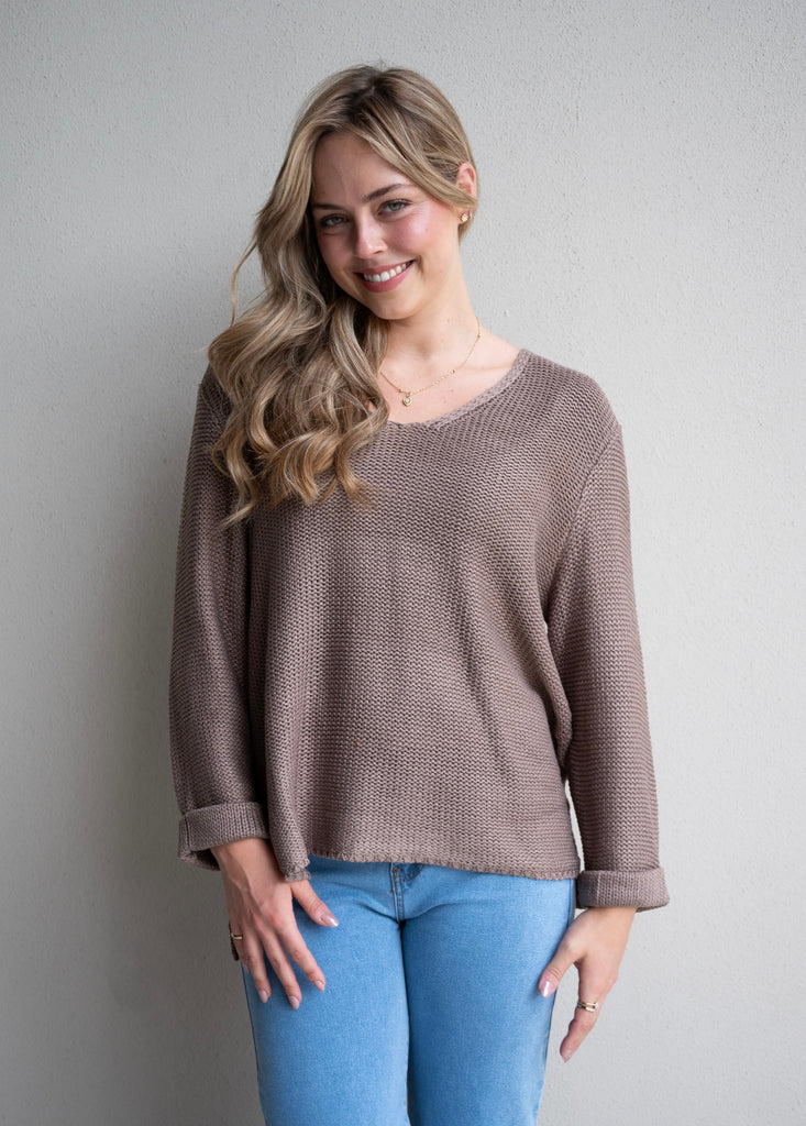 Cotton V Neck Knit - Taupe