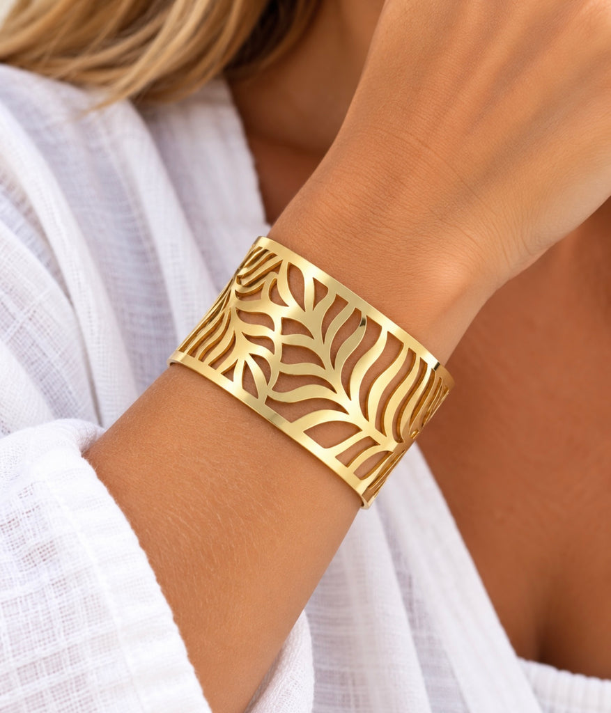 Metal Leaf Cuff Bangle - Matte Gold
