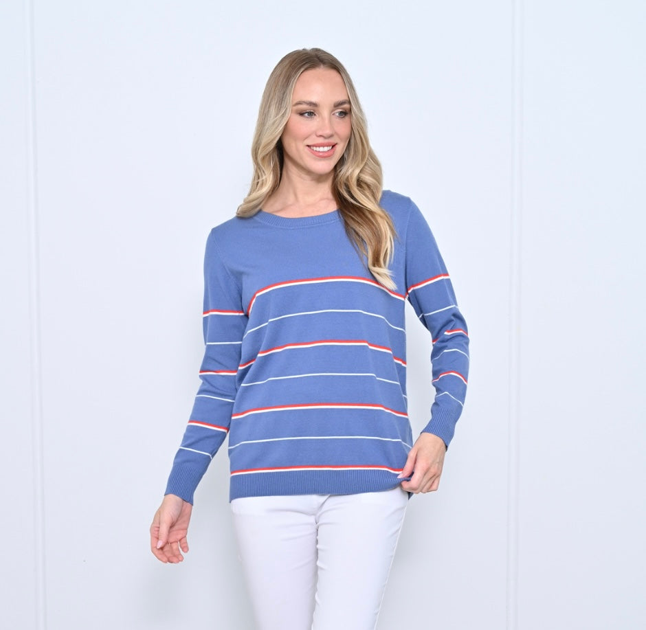 Round Neck Stripe Knit Top - Denim