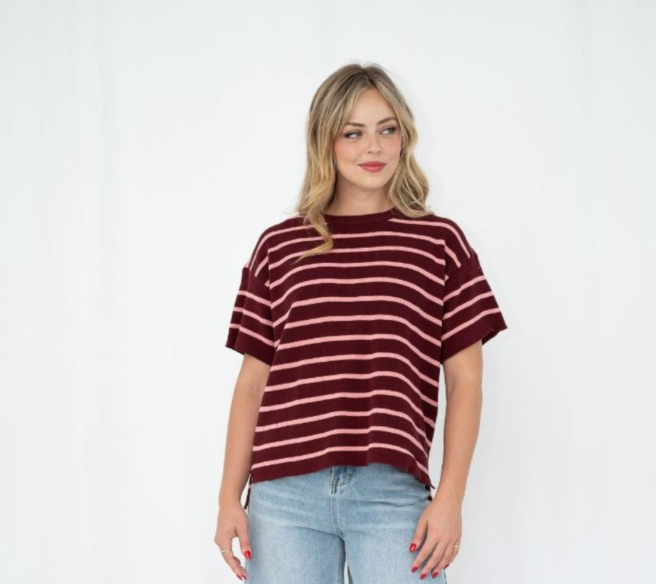 Cotton Stripe Knit Top - Burgundy/Pink