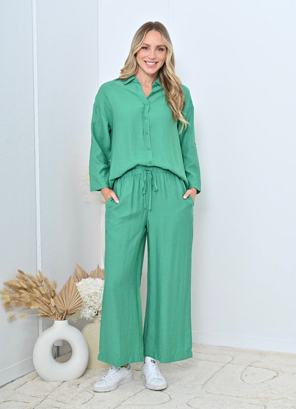 Drawstring Waist Wide Leg Plain Pant - Green