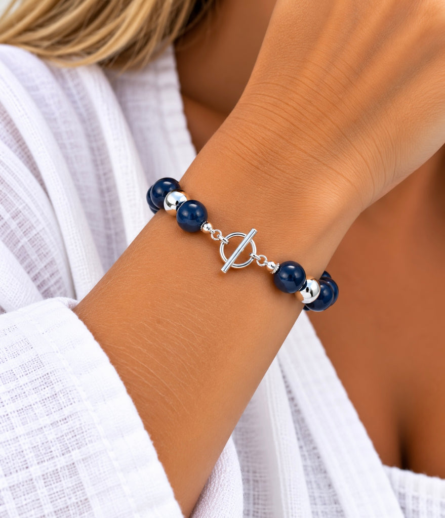 Stretch Fob Bracelet - Rhodiun/Navy Enamel