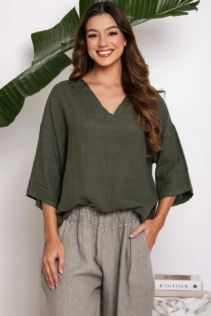 Bosa Linen Top - Khaki
