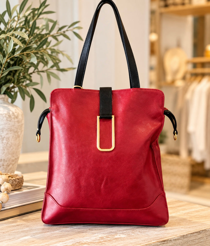 Square Flap Over Handbag - Red
