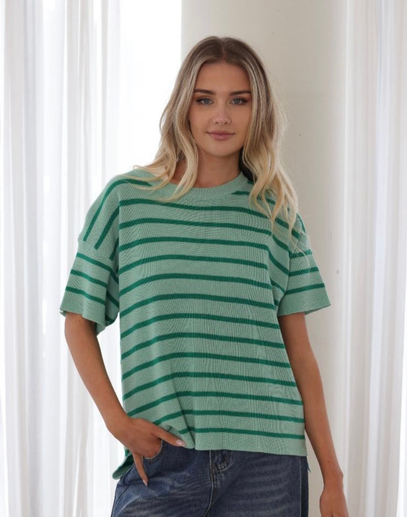 Cotton Stripe Knit Top - Mint/Green