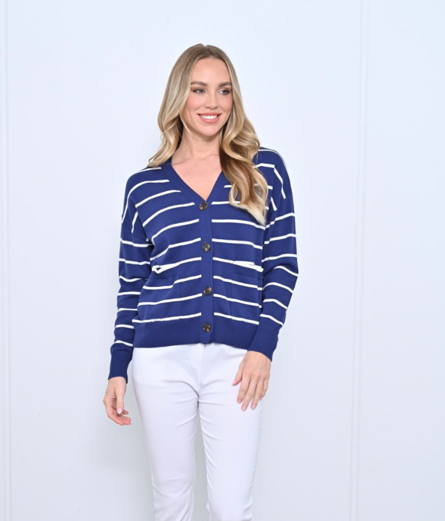 Stripe Cotton Cardigan - Navy