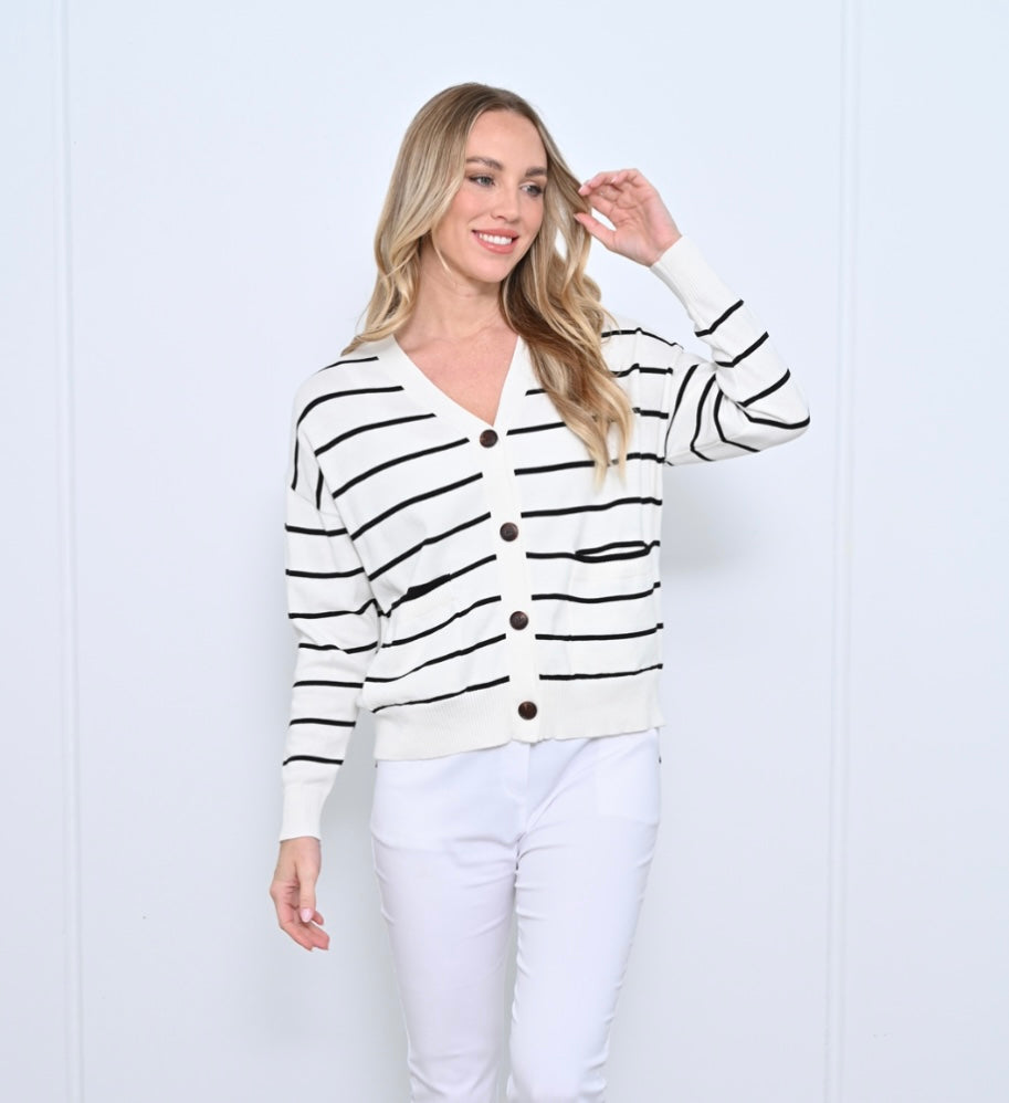 Stripe Cotton Cardigan - White