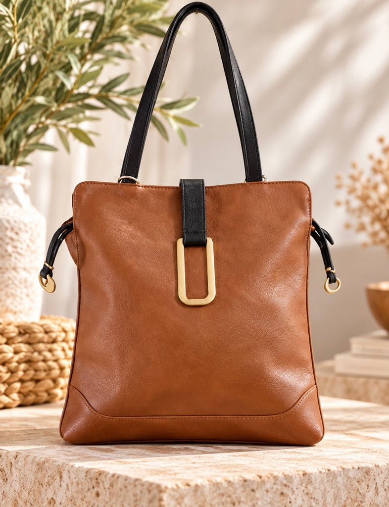 Square Flap Over Handbag - Brown