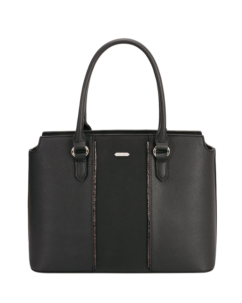 Two Tone Vegan Leather Tote Bag with Strap - Black