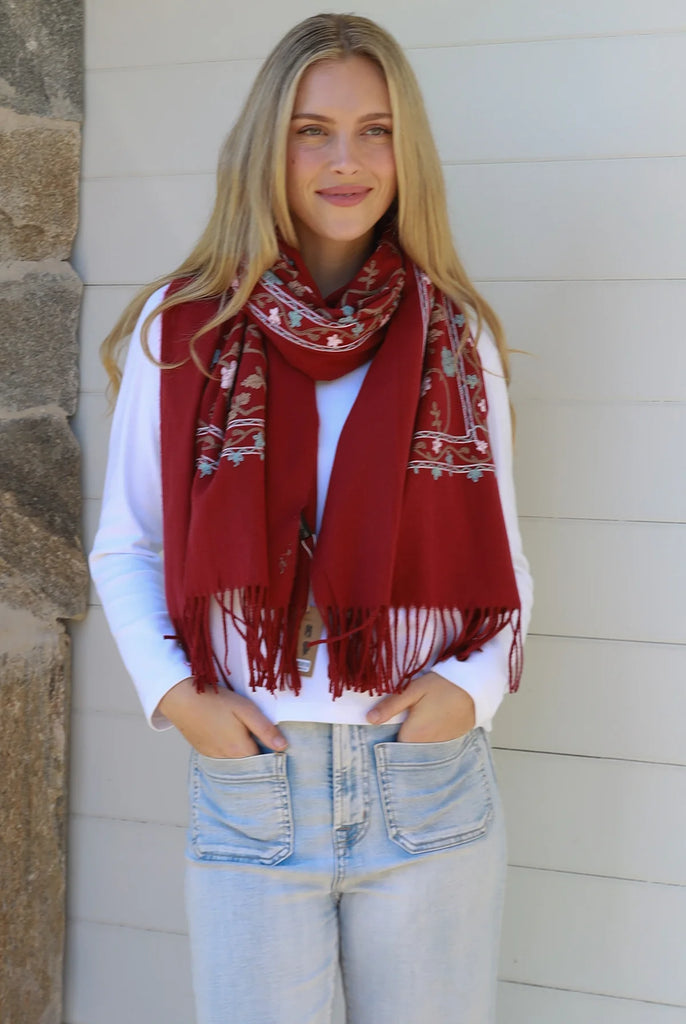 Embroidered Winter Scarf - Red
