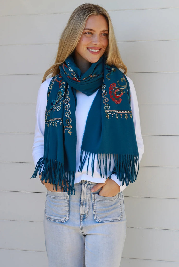 Embroidered Winter Scarf - Teal
