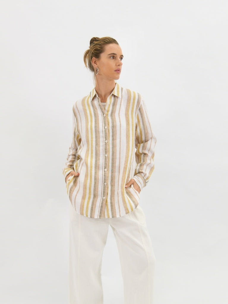 Retro Stripe Linen Shirt - Brown