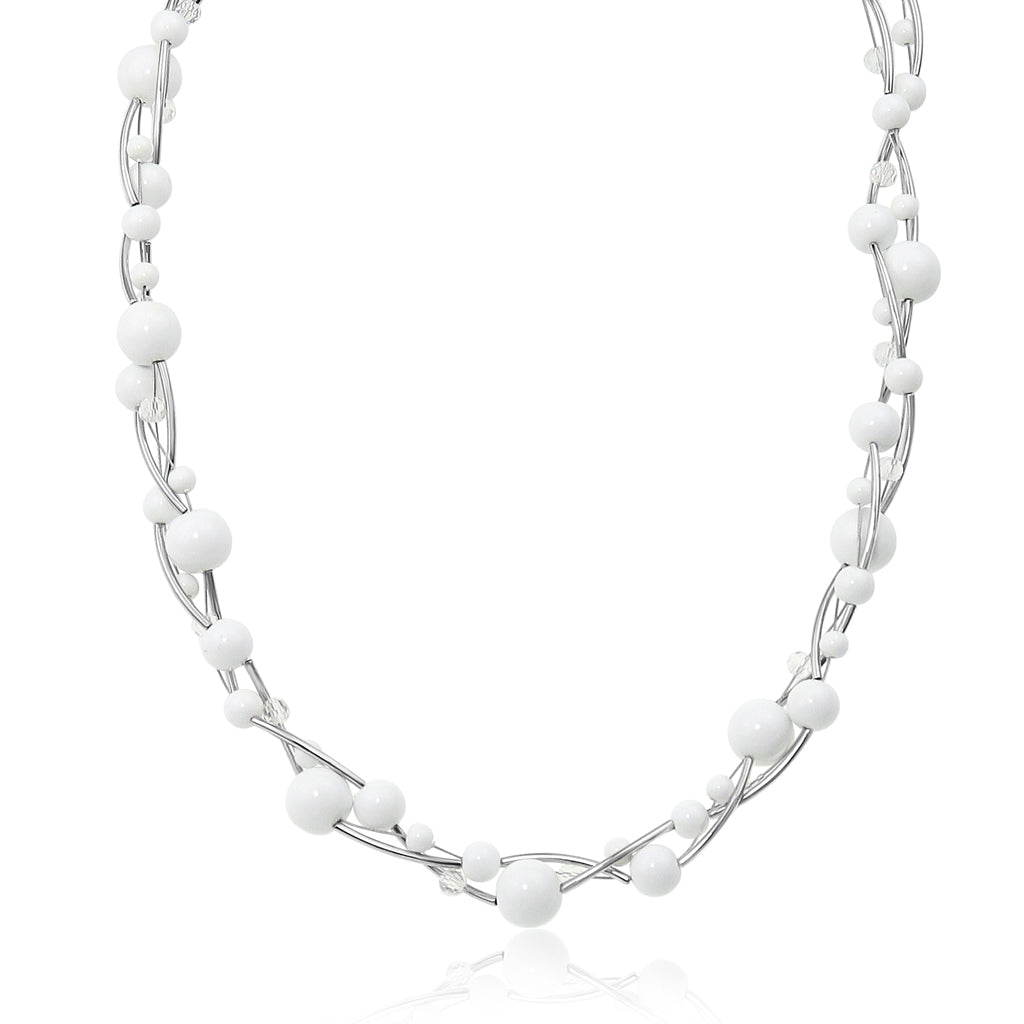 Glass Bead With Faceted Crystal Necklace - Rhodium/Crystal/White Enamel