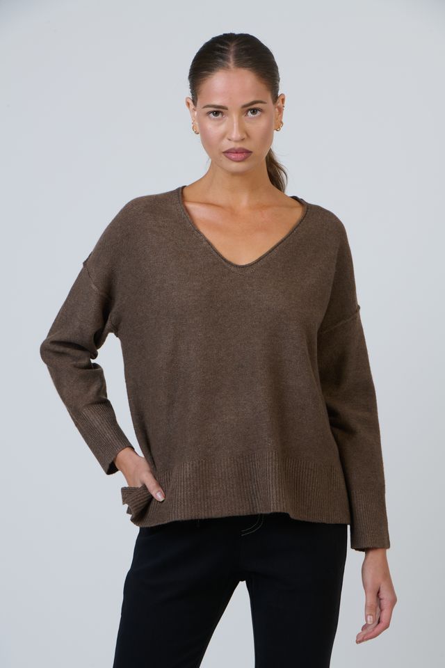 V Neck Drop Shoulder Knit By Namastai - Chocolate