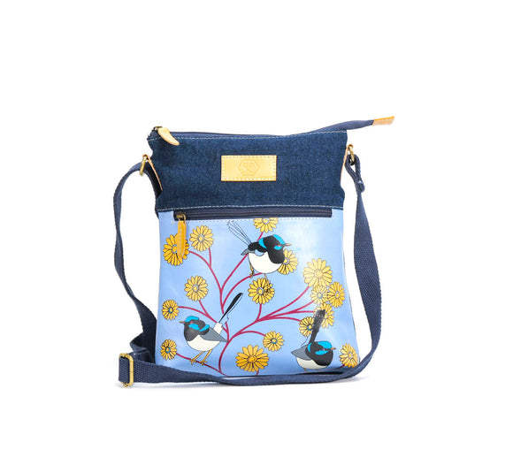 Hand Painted Leather and Denim Combination Shoulder Bag - Blue Wren