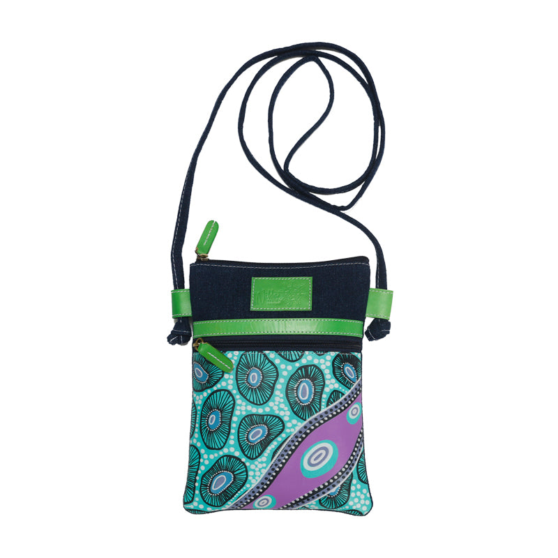 Hand Crafted and Hand Painted Leather and Denim Combination Cross Body