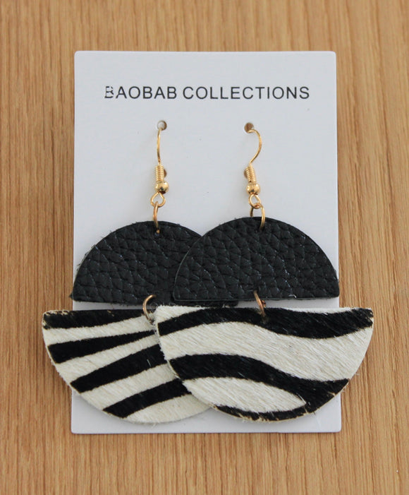 Wild West Earring - Black Leather & Semicircle Zebra Hide