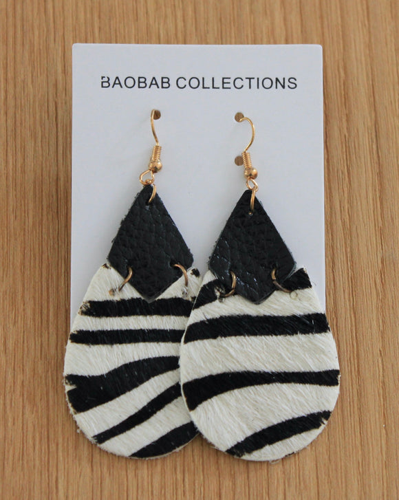 Wild West Earring - Zebra Teardrop Hide With Black Leather