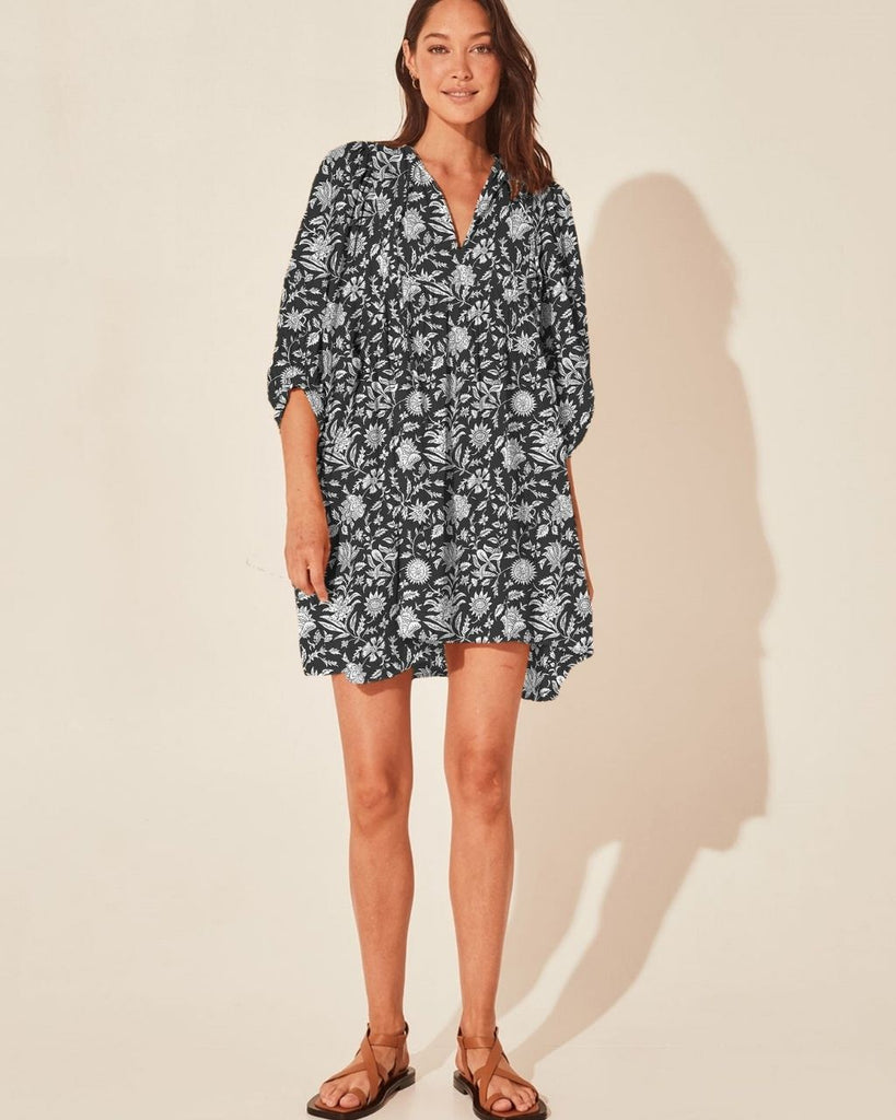 Tie V-Neck Floral Print Relaxed Fit Mini Dress - Black