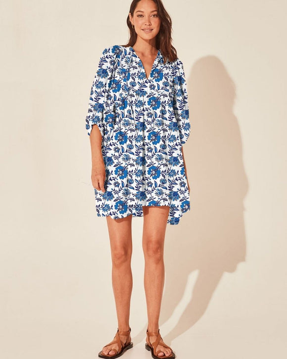 Tie V-Neck Floral Print Relaxed Fit Mini Dress - Blue