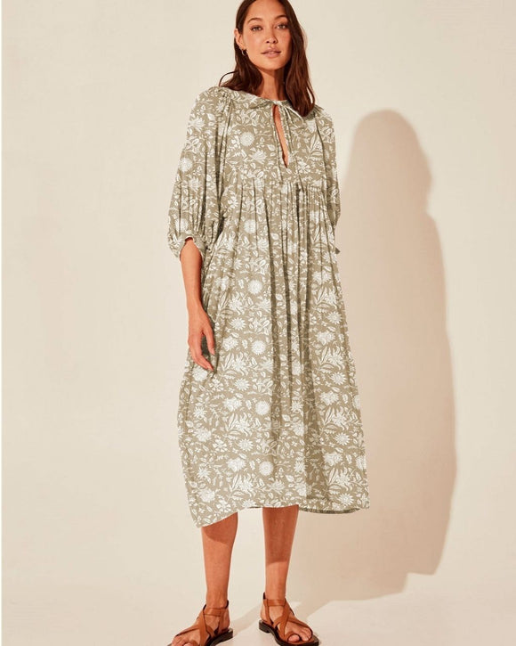 Tie V-Neck Floral Print Relaxed Fit Midi Dress - Beige