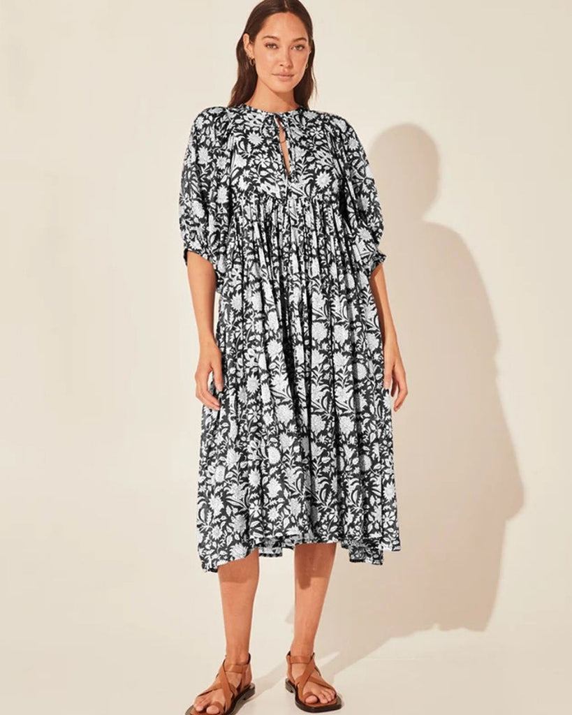 Tie V-Neck Floral Print Relaxed Fit Midi Dress - Black