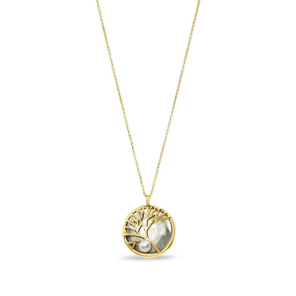 Metal Tree Of Life Design Necklace - Gold/Grey Mother Of Pearl
