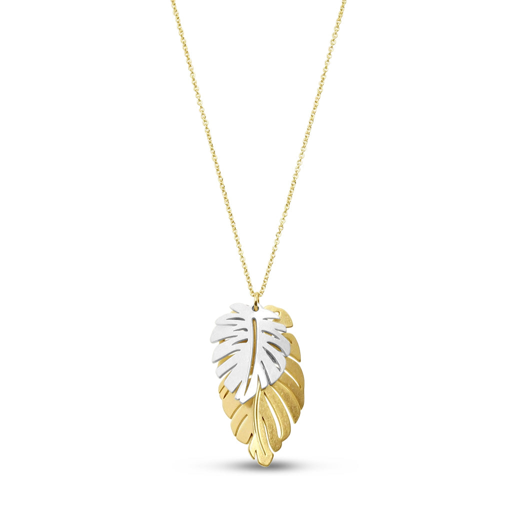 Layered Leaf Design Pendant - 2 Tone Matt Silver/Matt Gold