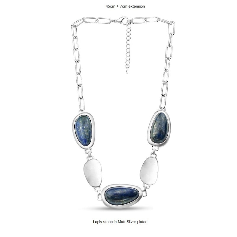 Linked Stone & Metal Necklace - Silver/Lapis