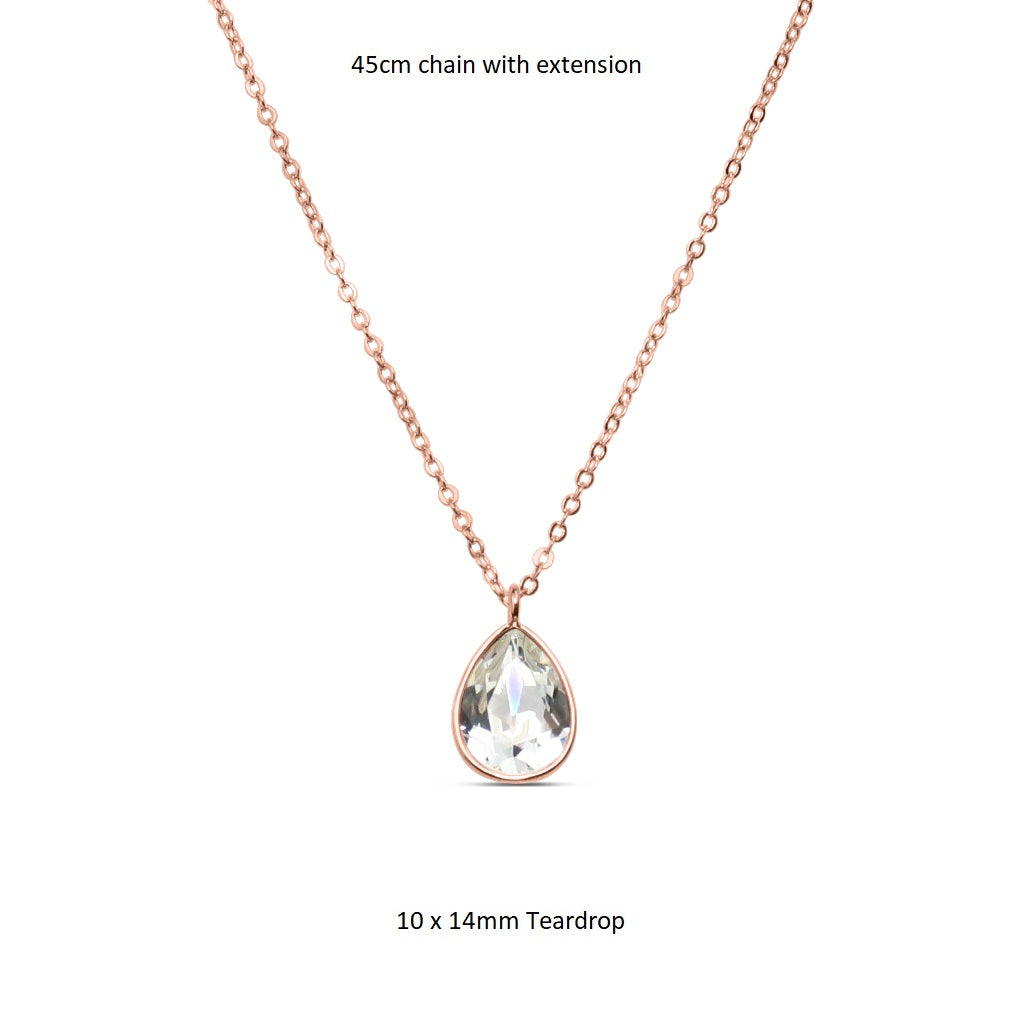 Metal Teardrop Swarovski Crystal Necklace - Rose Gold/Crystal