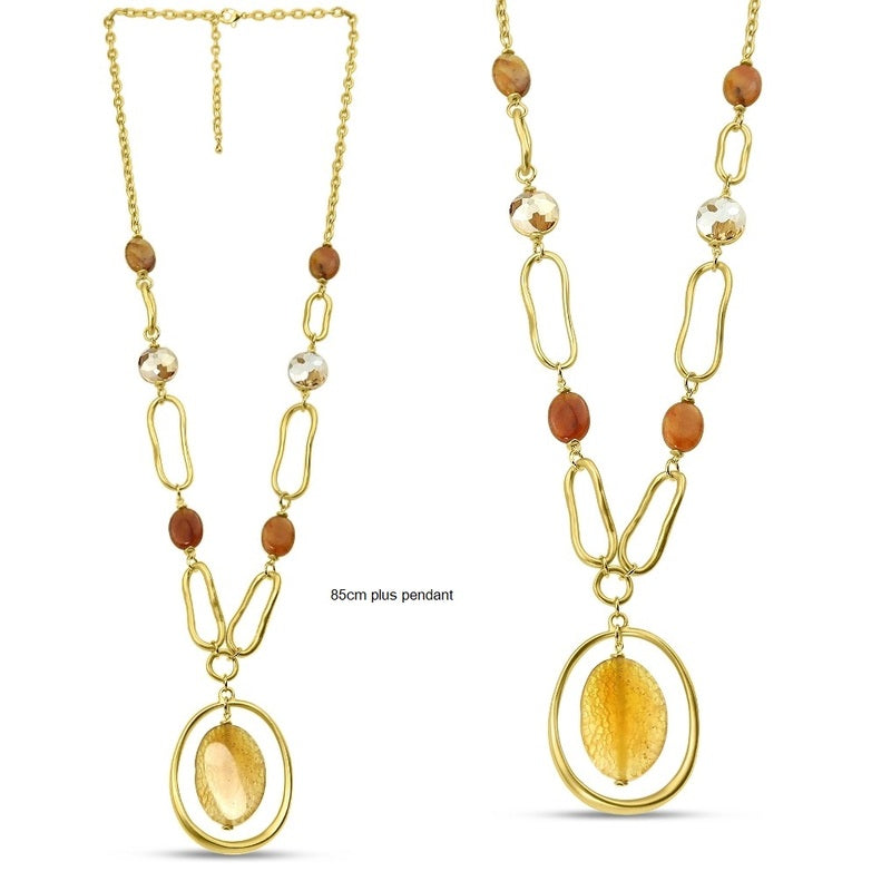 Natural Stones & Glass Bead Pendant Necklace - Amber Tone/Gold