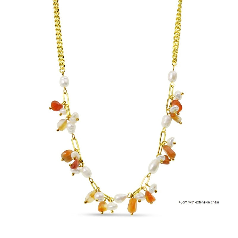 Natural Stone & Freshwater Pearl Necklace - Gold/Pearl/Amber