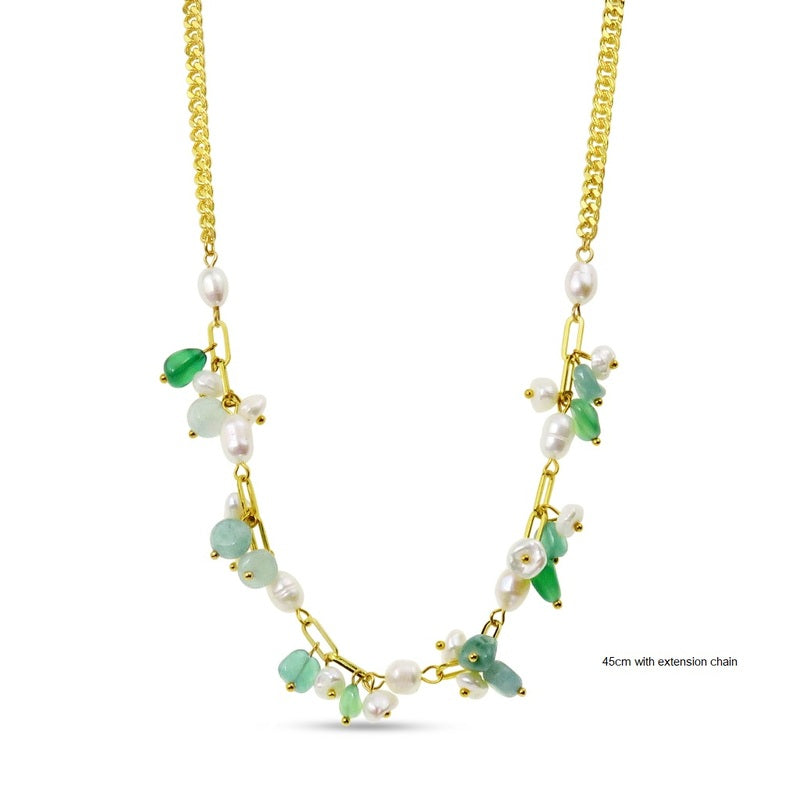 Natural Stone & Freshwater Pearl Necklace - Gold/Pearl/Aventurine