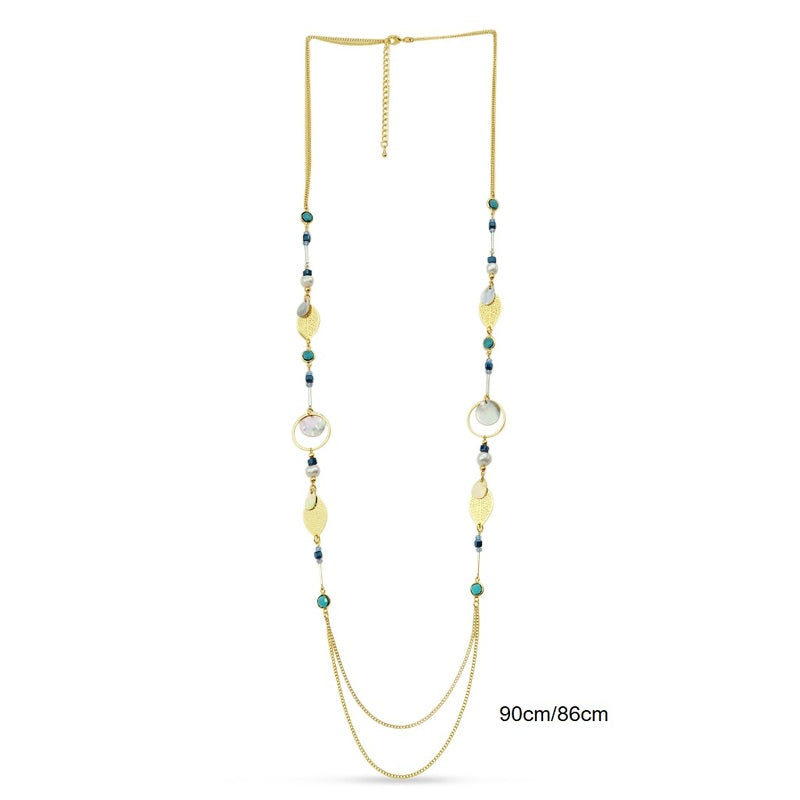 Glass Bead & Pearl Necklace - Gold/Blue Tone