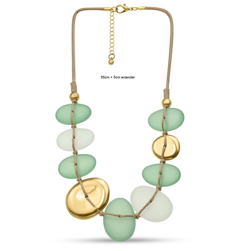 Resin Beads Hand Knotted Wax Cord Necklace - Green Frosted/Matt Gold