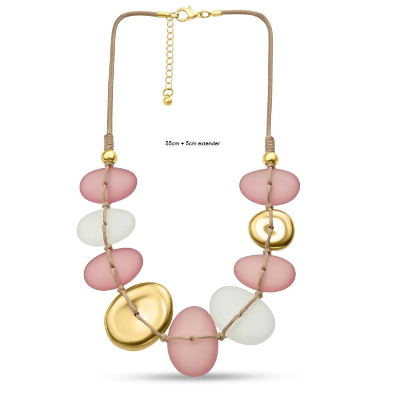 Resin Beads Hand Knotted Wax Cord - Pink Frosted/Matt Gold