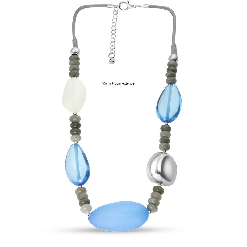 Resin Beads Hand Knotted Wax Cord Necklace  - Blue Tonal Matt Silver