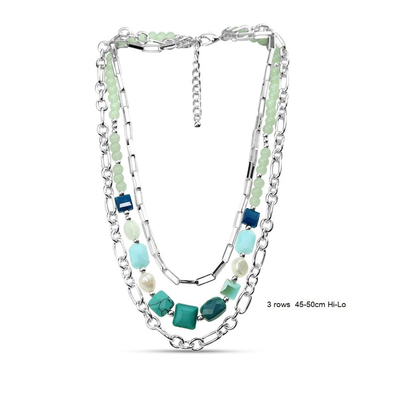 3 Rows Glass Beads & Linked Chains Necklace - Silver/Blue Tone